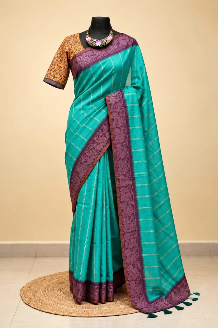 Peacock Border Dotted Striped Linen Cotton Saree